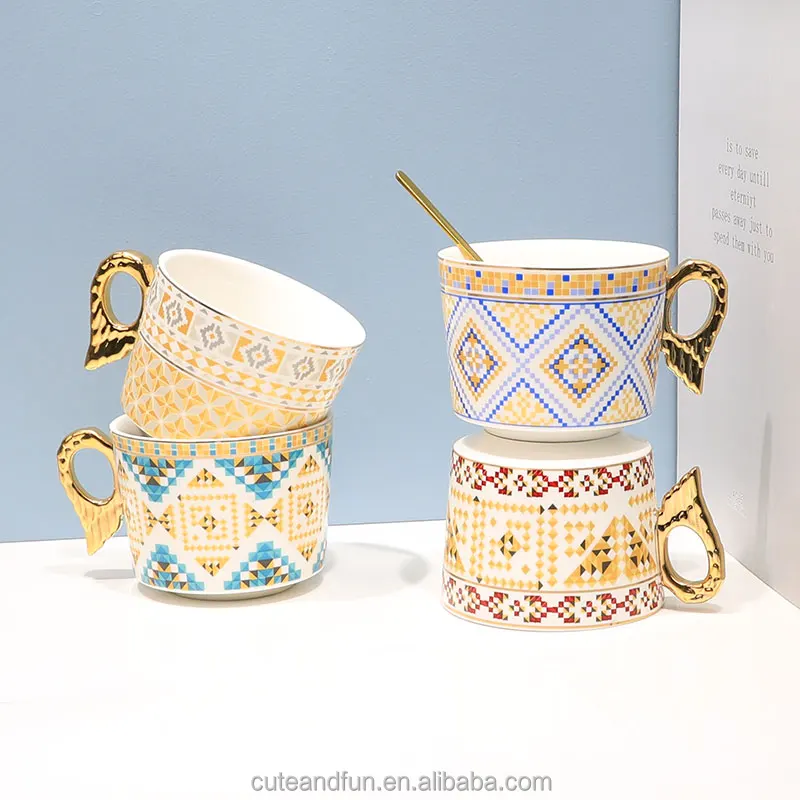 European Retro Angel Wing Ceramic Coffee Cup Porcelain Tea Cup Gold Handle