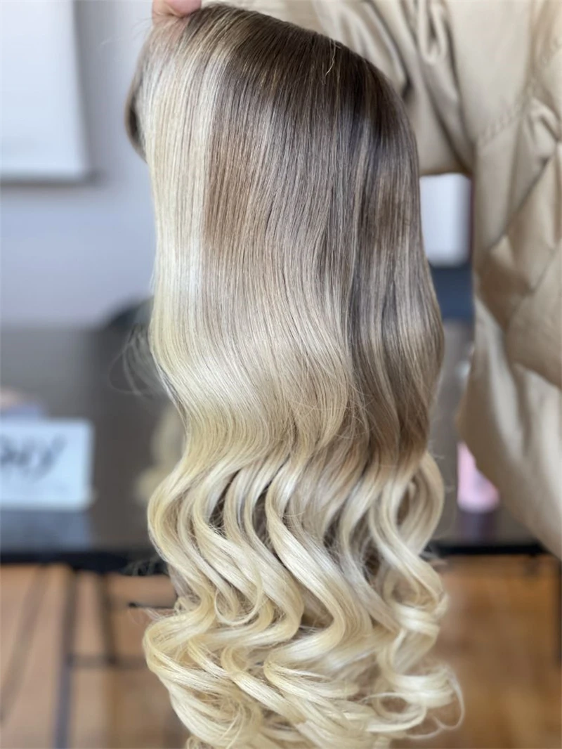 Ombre Ash 613 Blonde Highlight Short Single Knots HD Full Lace Wigs Raw Virgin Human Hair For White Woman