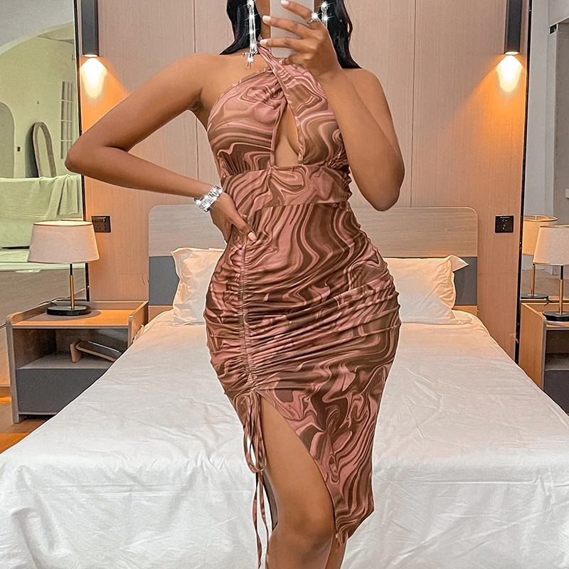 New sexy print backless Dress Sleeveless Slit Halter Neck Woman Dresses sexy dress for clubs