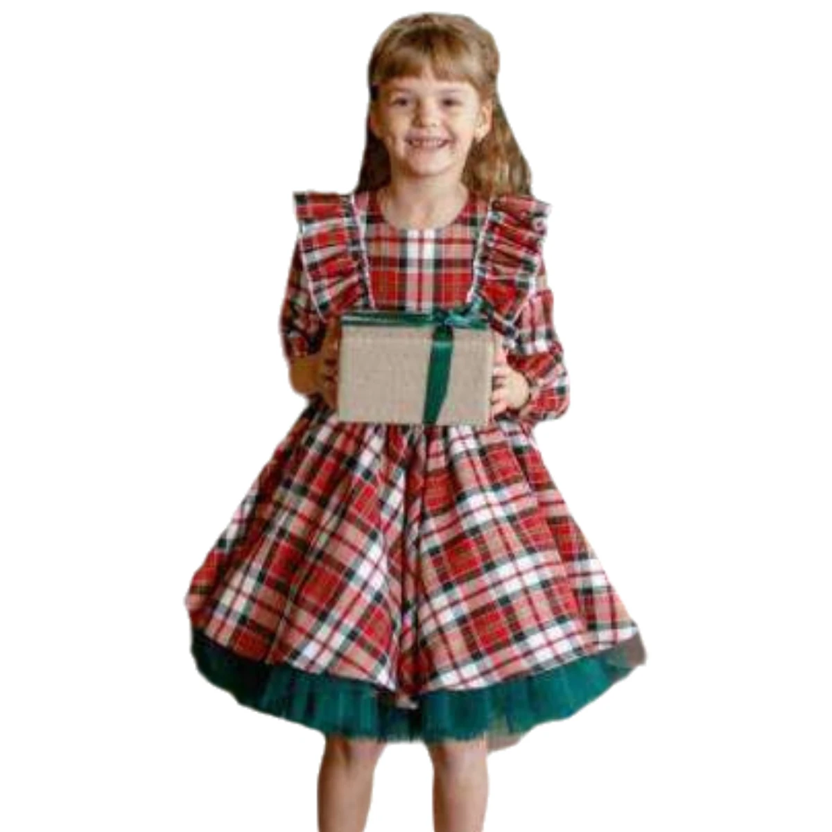 Rarewe Kids Christmas Long Flare Sleeve Party Dress Lace Floral Plaid Printed Bowknot Ruffles Girls Dress