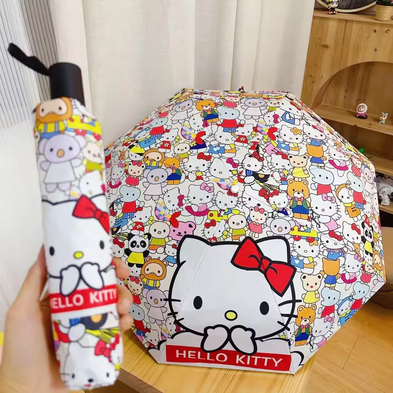 2024 Custom Hello KT Fully automatic cartoon lovely sunny female folding uv protection student sun umbrellas