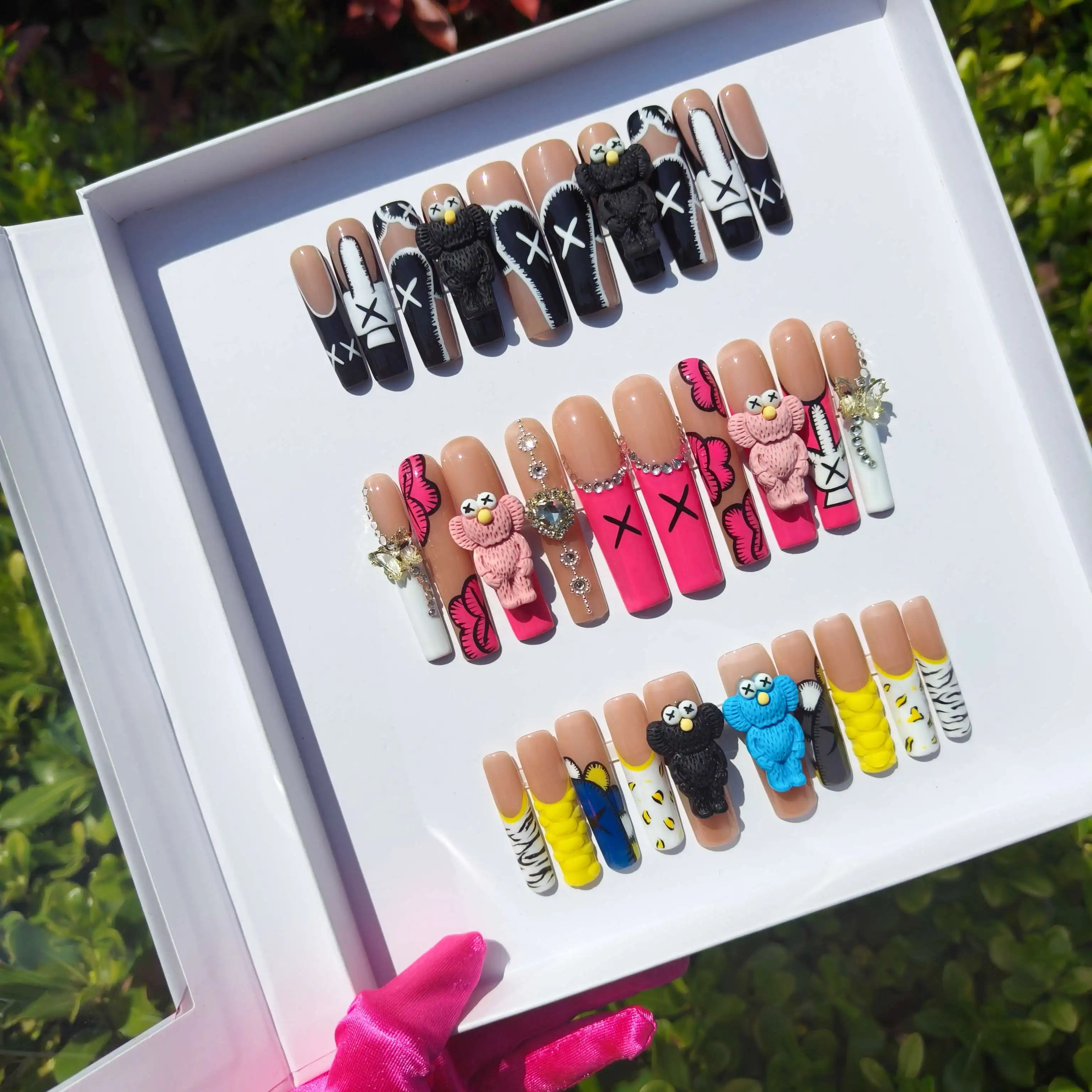 Free logo Long Ballerina Coffin Luxury  Diamond Press On Nails Custom Design Rhinestone Acrylic False Artificial Fingernails