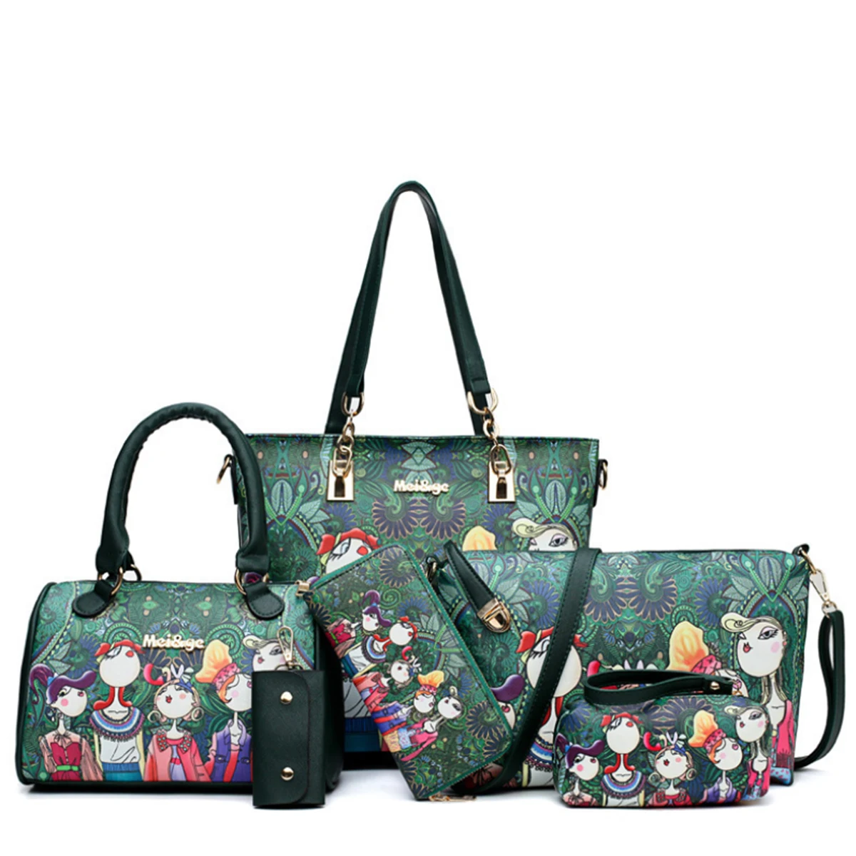
Custom Special Luxury Green Cup Holder 6PCS Designer Graffiti Elegant Shoulder Purse Ladies Bag Femme Handbag Set For Women 