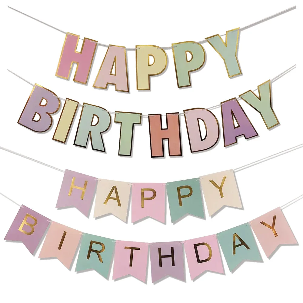 Customize Happy Birthday Banners Print Hanging Banner Paper Flags Colorful for Birthday Decoration Party Favors