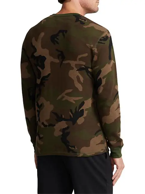 Custom Screen Printed Heavy Cotton Knitted Camo Waffle Tee Camouflage Thermal T Shirts Double Layer Long Sleeve T-shirts For Men