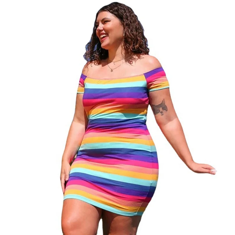 
004 Hot Sales 2021 New Arrive Fashion Casual Fat Girl Clothing 5XL Chromatic Stripe Short Sleeves Girl Plus Size Summer Dresses 