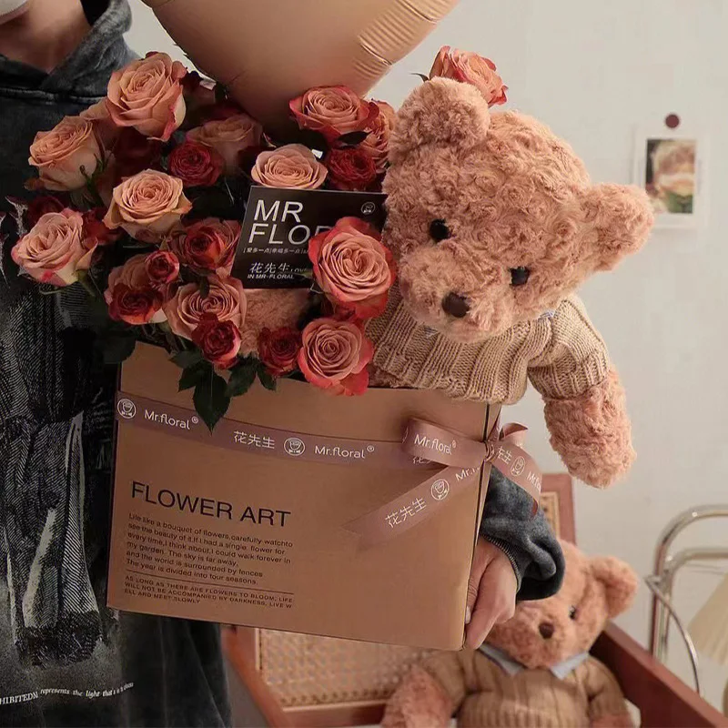 Kraft paper flower bag carrier box valentines mothers day bouquet flower packaging bag wholesale cheap price
