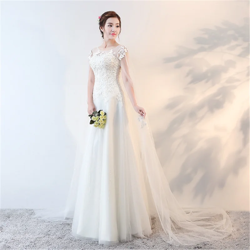 2020 vestidos de novia illusion neck elegant short sleeves cloak style puffy bridal dress wedding gown