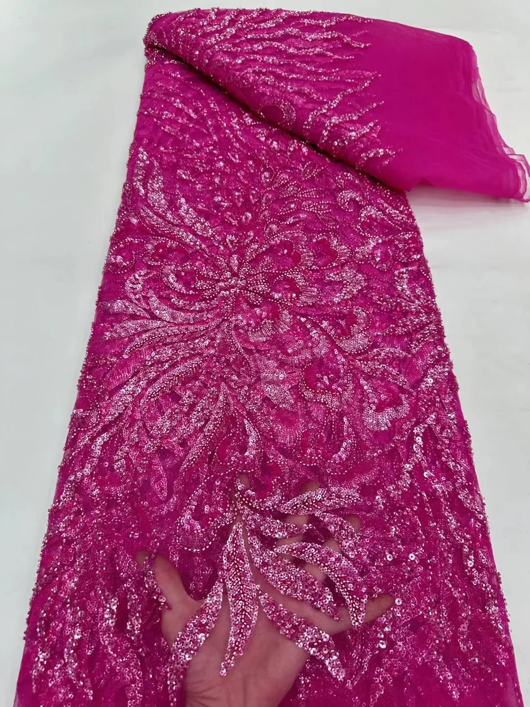 NI.AI Luxury Leaf-Shaped Beaded Net Lace High Quality Embroidered Sequins Lace Fabric with Pearls for Wedding Dress Materials