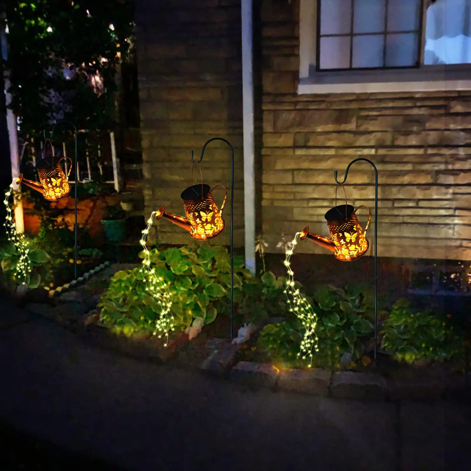 Custom Butterfly-Type Metal Solar Watering Can Light Outdoor Decorative Hanging Garden Lantern 6 Twinkle LED String Cascading