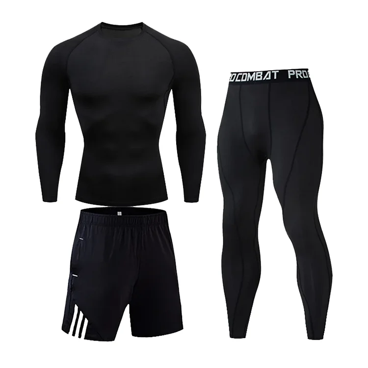 Wholesale Men Compression Clothing Tights Pants Suits Long Sleeves Fitness Sports Suit Men 3 Piece Training Active Gym Wear Set