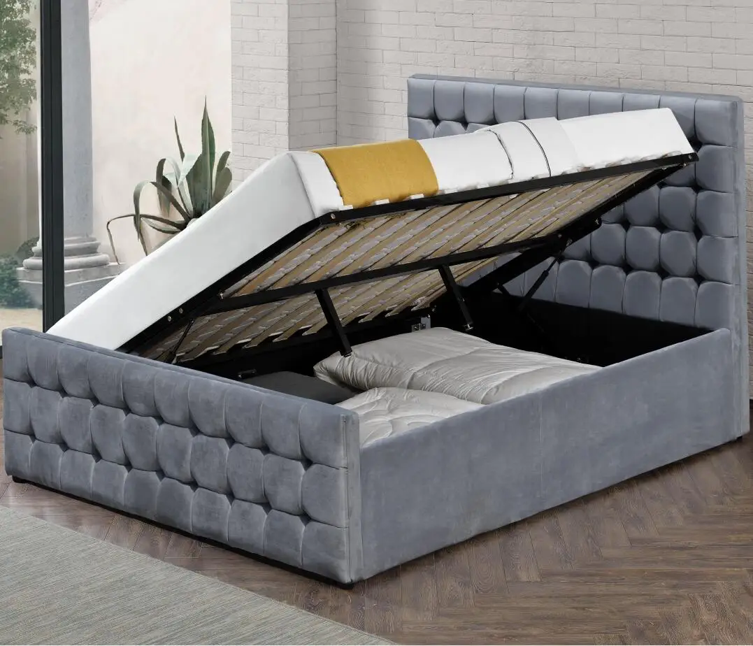 Best Price Europe Style Headboard and Footboard Tufted Buttons Double Size Dark Grey Velvet Side Open Storage Bed