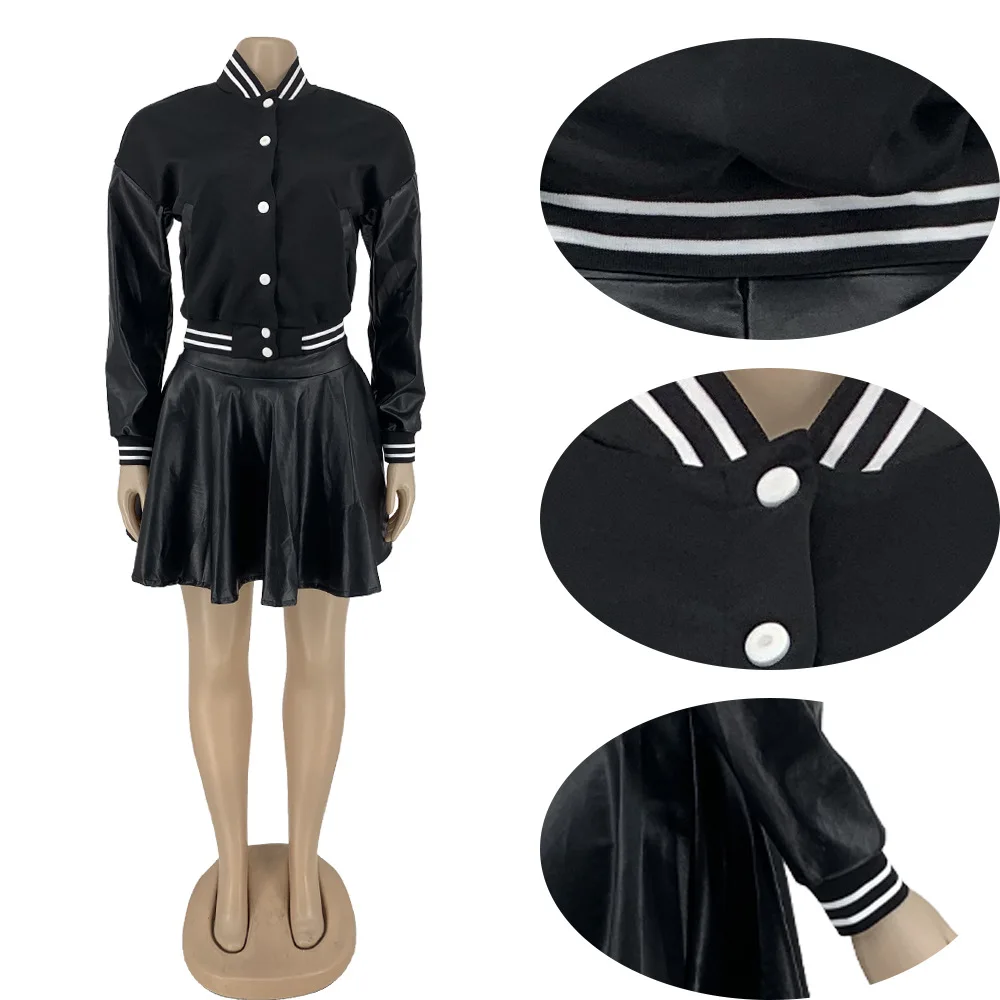 Women Clothes Customize Designer Nk Patchwork Baseball Top Two Piece Pu Leather Sexy Club Lady Short Skirt For Women