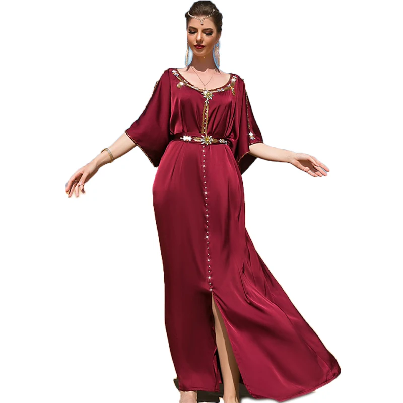 Islamic clothing Muslim long dress handmade heavy diamonds wine red summer arabic short sleeve satin dress abaya for women