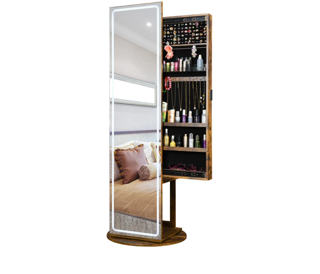 360 Rotating LED Jewelry Armoire Full Length Mirror Floor Standing 3 Color Dimmable Storage Shelves push and pull door cabinet