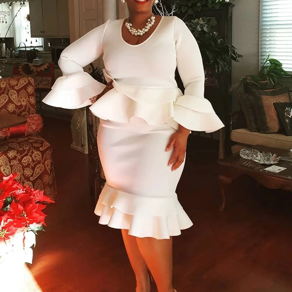 Autumn Fashion O Neck Peplum Flounce Package Hip Party Occassion Event Elegant White Long Flare Sleeves Ruffles Bodycon Dresses