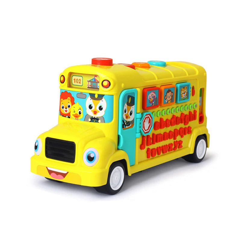 Educational kids plastic baby yellow school toy bus with light music