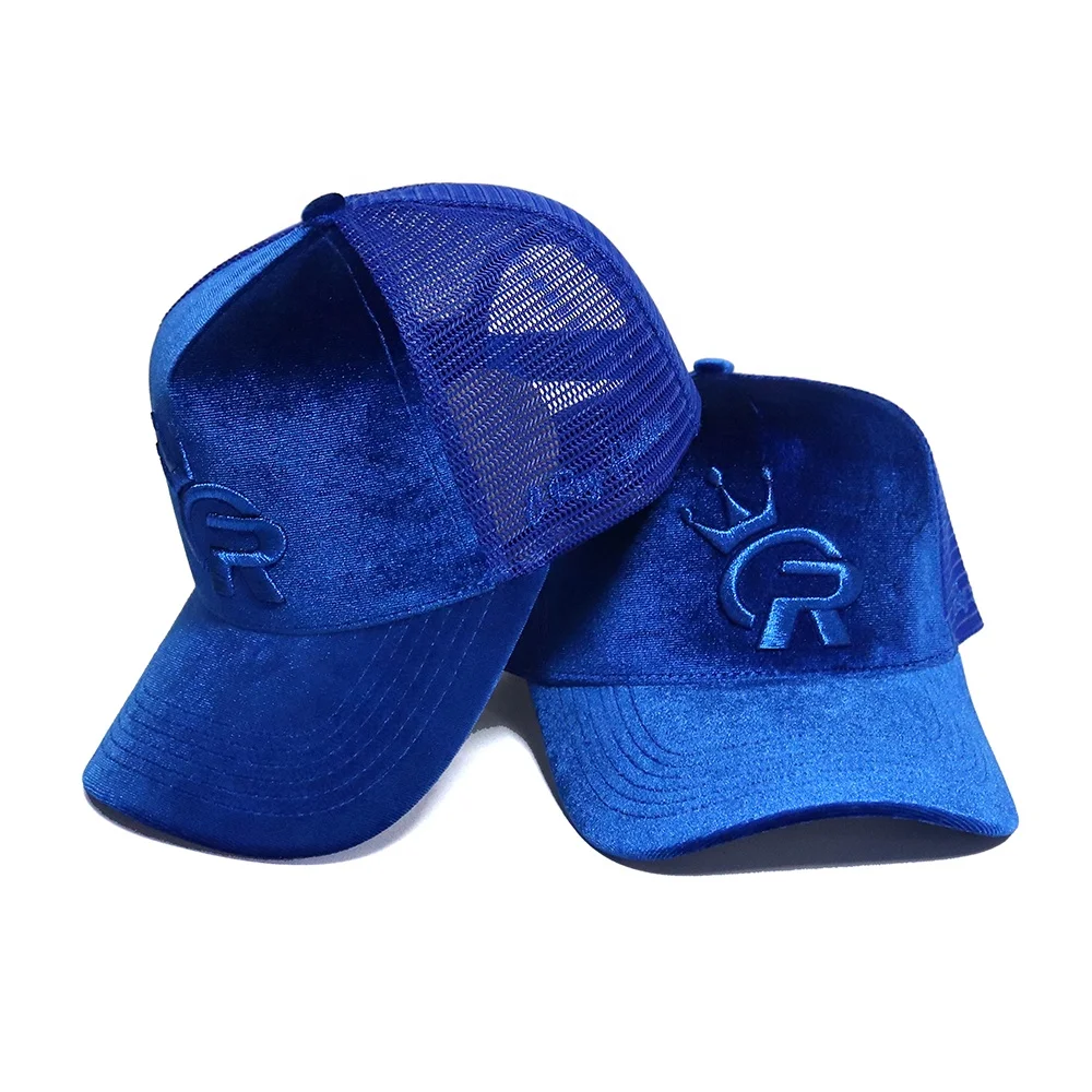 Oem Custom Fashion 5 панелей высокого качества с синими изогнутыми полями вышивка Пользовательский логотип сетчатая 100% хлопковая бархатная шляпа дальнобойщика