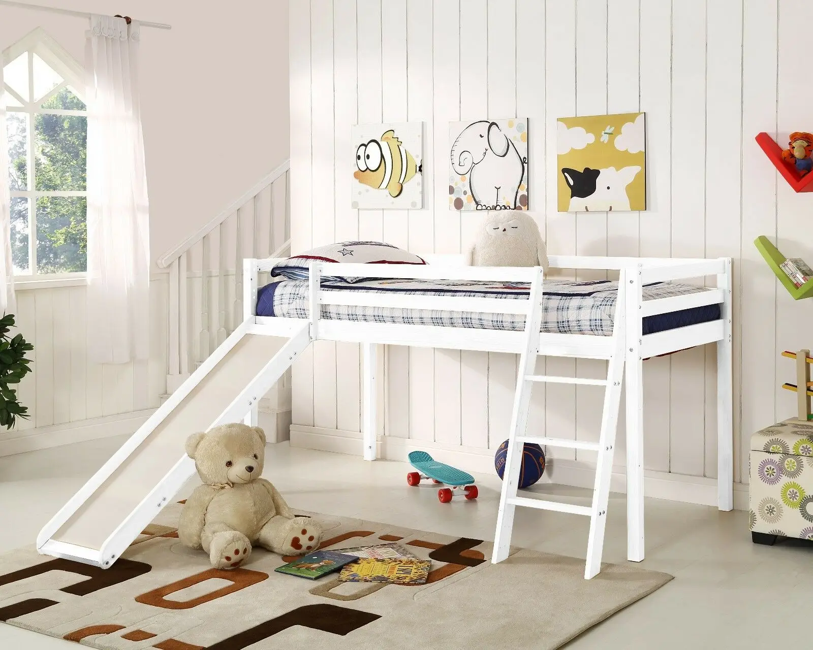 
Simple White Grey Wood Furniture Bunk Beds Nice Design Mid Sleeper Children Wooden Kids Bunk Bed with Slide and Ladder 