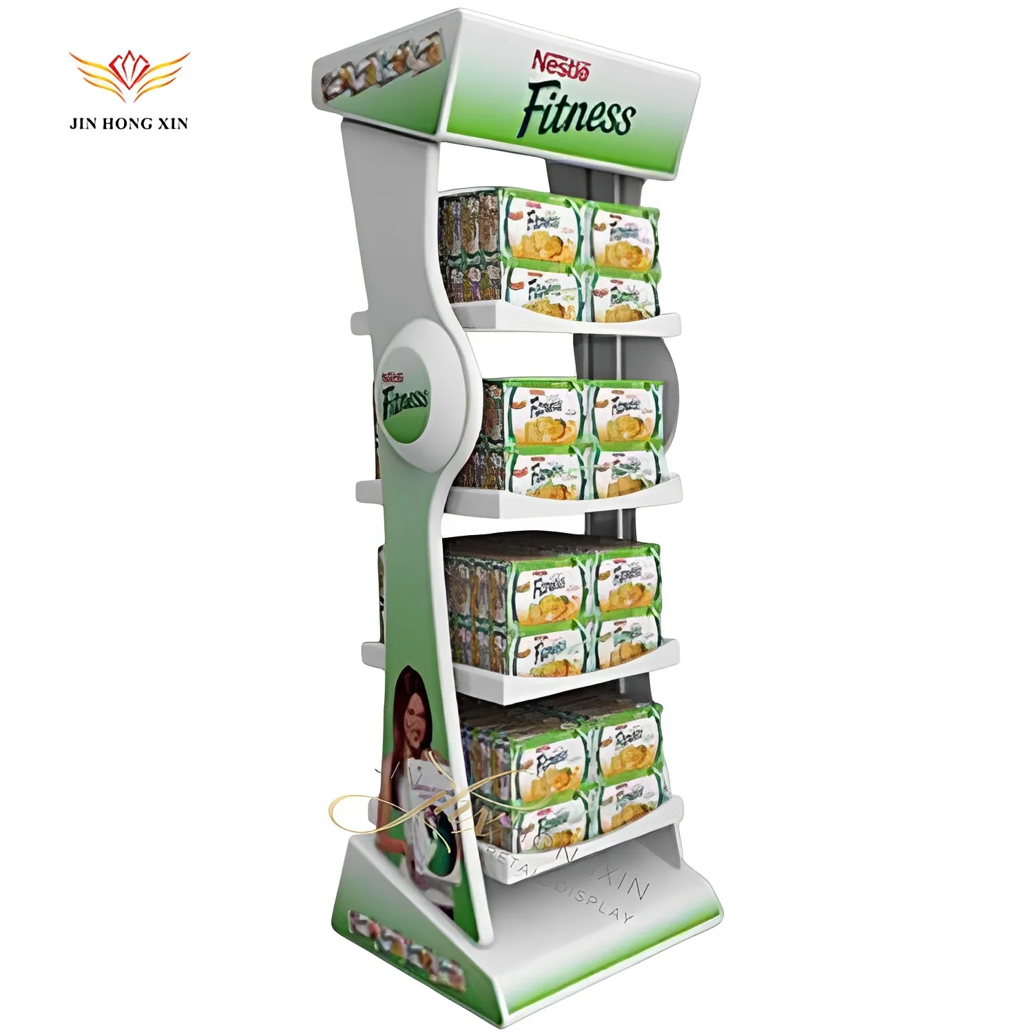 Double sided baskets shelf racks/free standing snack shelf/custom metal display rack for supermarket
