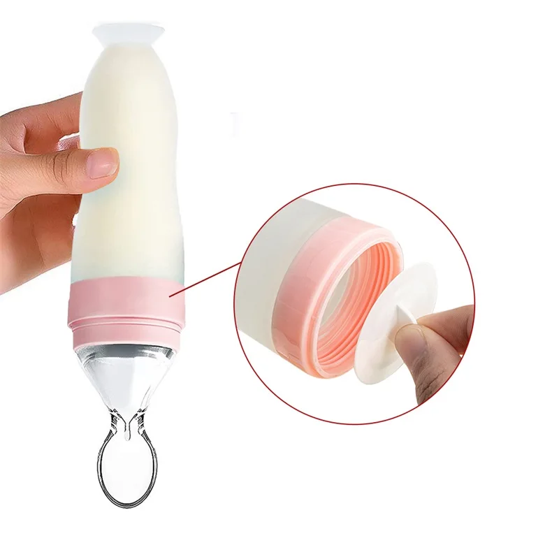Private label logo Silicone food fruit feeder baby Feeding dispensing spoon bottle with suction sucker