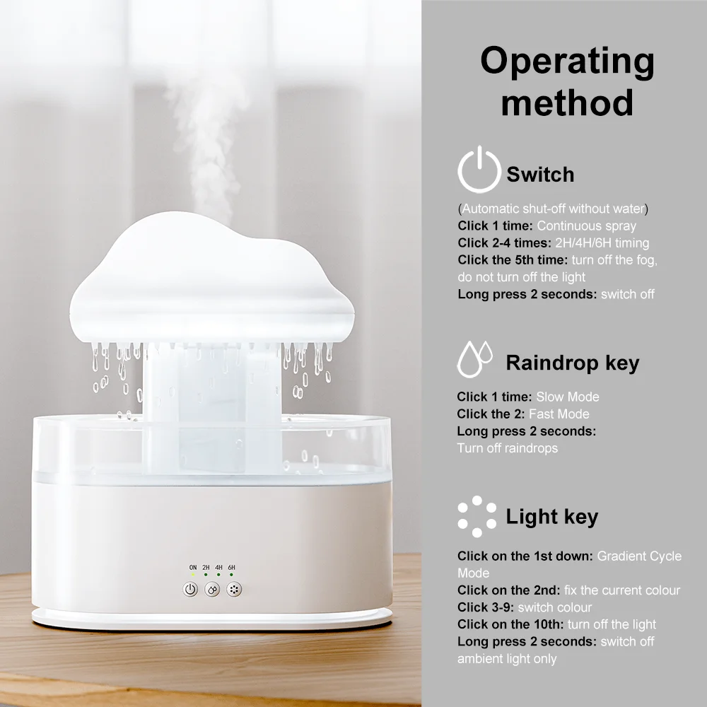 7 Color Lights Household Raindrop Humidifier with 500ml Water Drip & Essential Oil Diffuser 1 Year Warranty
