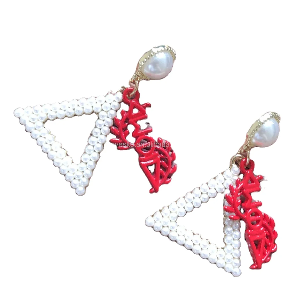 Custom Handmade White Pearl Greek Sorority Organization Geometric Triangle Earrings Women Grace Fashion Jewelry For Ladies