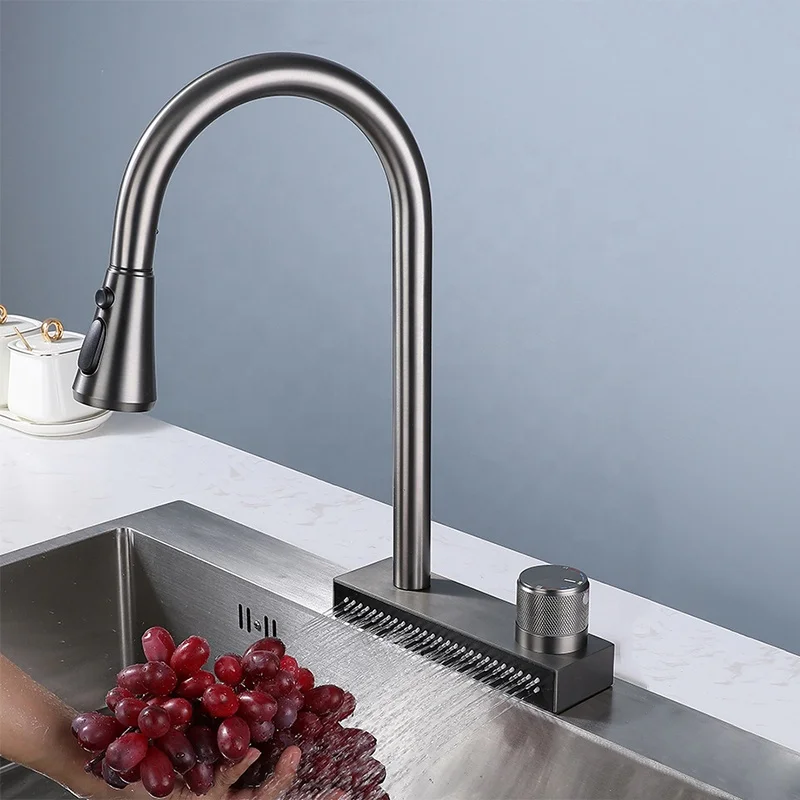 304 stainless steel waterfall kitchen faucets black hot and cold sink water taps single hole pull out spray kitchen sink faucet