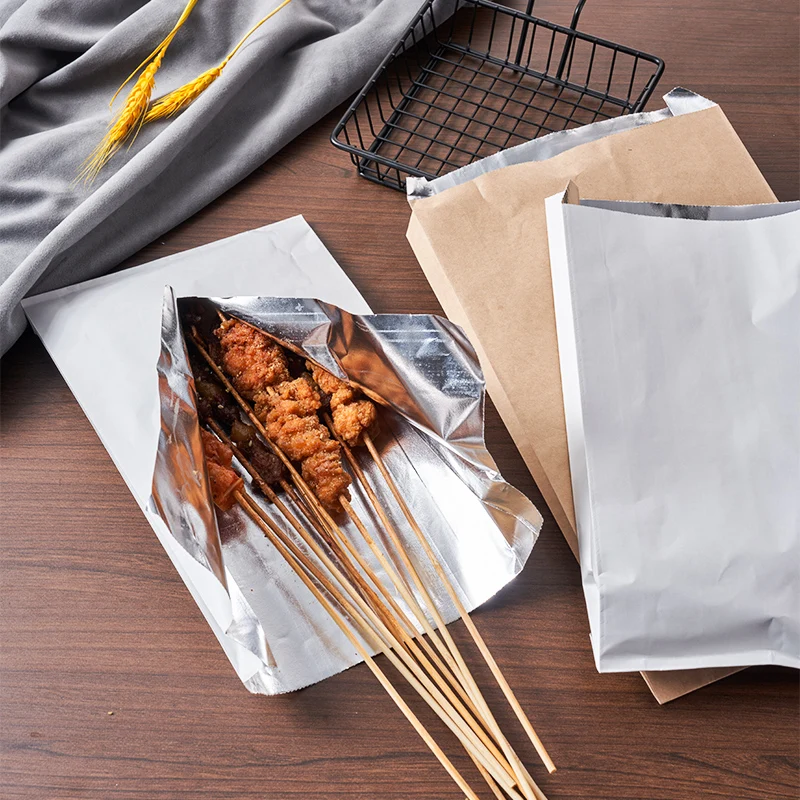 Food Insulation Bag Fried Skewers Packaging Aluminum Foil Takeaway Insulated Kraft Paper Bag Hot Food Packaging Barbecue bag