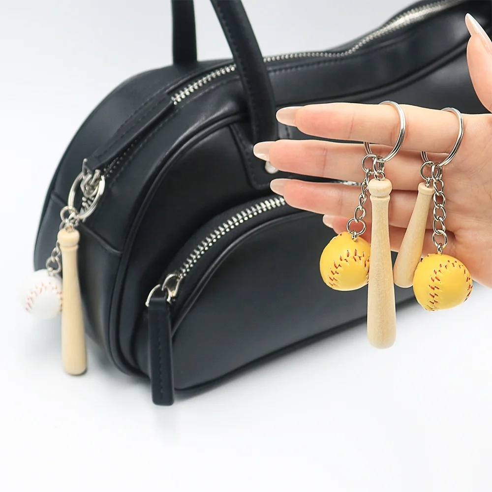 Leather Baseball Keychain with Wooden Bat Mini Baseball Keyring Sports Keychain for Team Baseball Bat