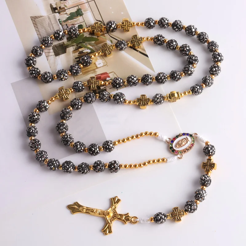 JC New design rosary chain high quality 10mm glass rhinestone ball catholic rosary necklace