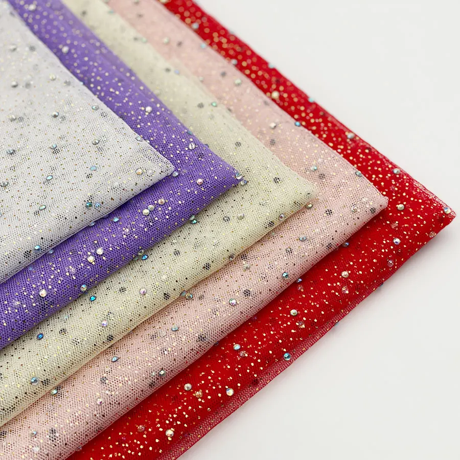 Customize popular middle east women shiny glitter heat transfer gold foil hot rhinestone covered nylon mesh fabric