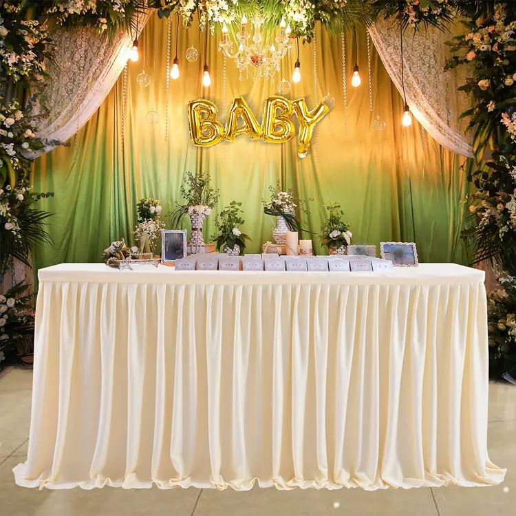 Ivory White Polyester Pleated Table Skirt for Rectangle Table Ruffle Table Cloth for Wedding Birthday Party