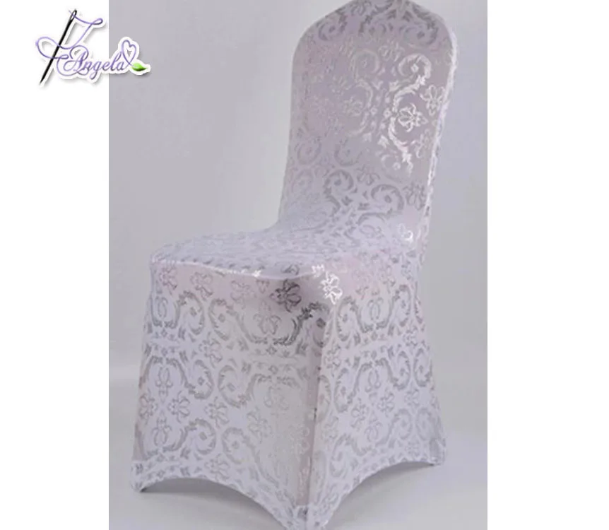 2018 New Design Fancy Stretch Silver Shiny Glitter Metallic Chair Cover with Floral