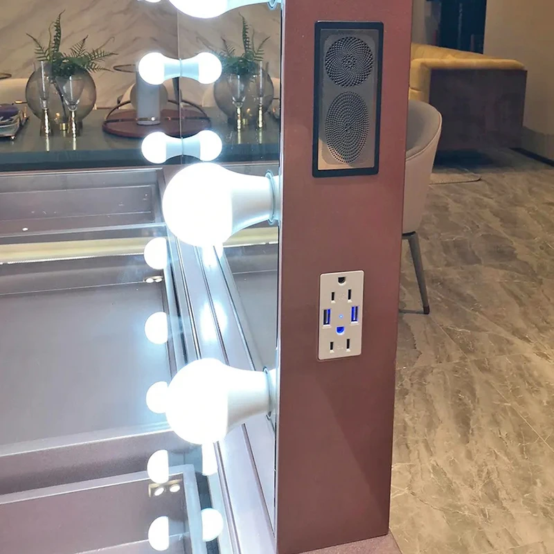 Wedding Beauty Shop Pink Wooden Drawer Makeup Chest with Bulb Vanity Mirror Clear Table Top Lots of Storage for Makeup Table