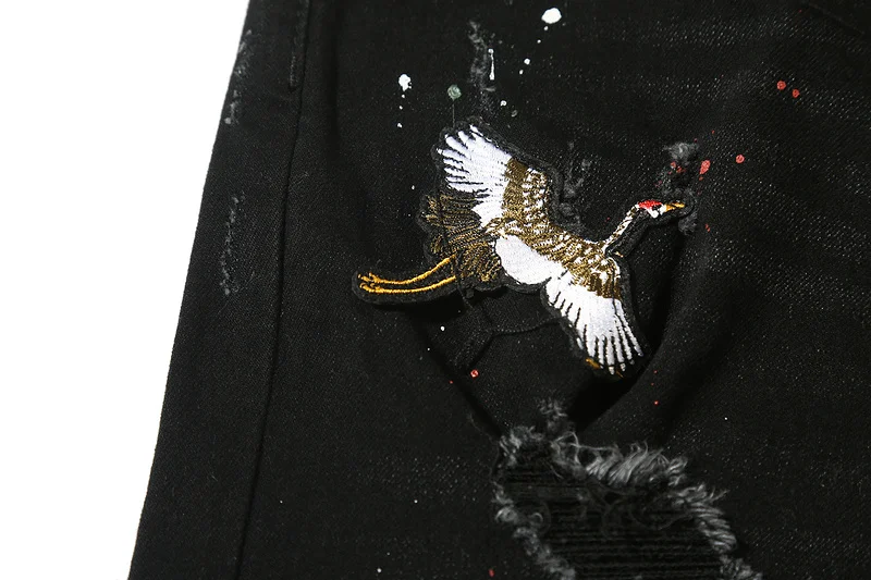 
OEM wholesale new model jeans men skinny ripped blue denim embroidery track jeans 