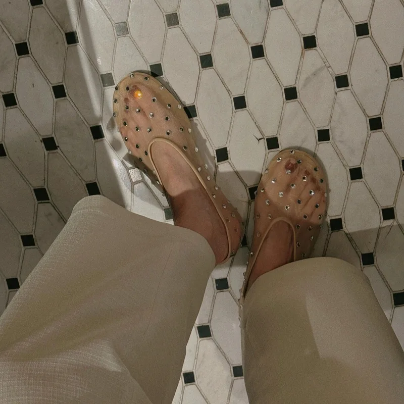 Dropshipping Custom Logo Mesh Flats Women Crystal Round Toe Rhinestone Genuine leather Loafers for Ladies