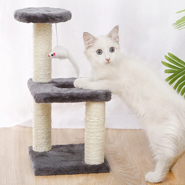 Multi-Level  Faux Fur Hemp Rope Sisal Wooden Cat Tree With Playing Mouse Toy
