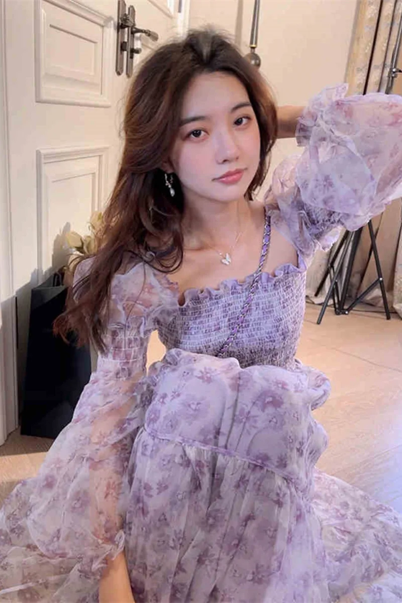 Boho Beach Floral Summer Dress Elegant Lace Puff Sleeve Midi Dress Women Square Collar Female Party One Piece Dress Korean