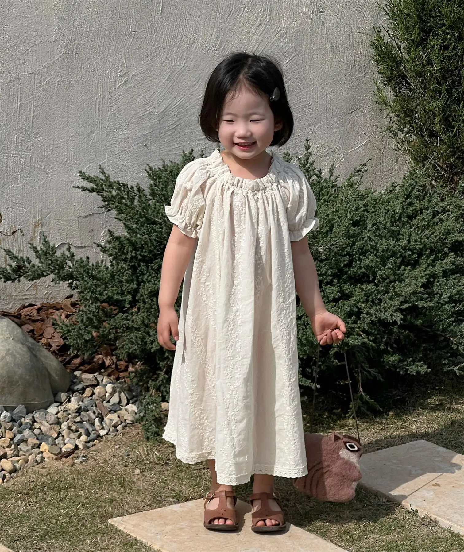 Children Girl Clothing Kids Clothes Solid Lace Up Floral Summer Short Sleeve Little Girls Dress with Ruffle Bow