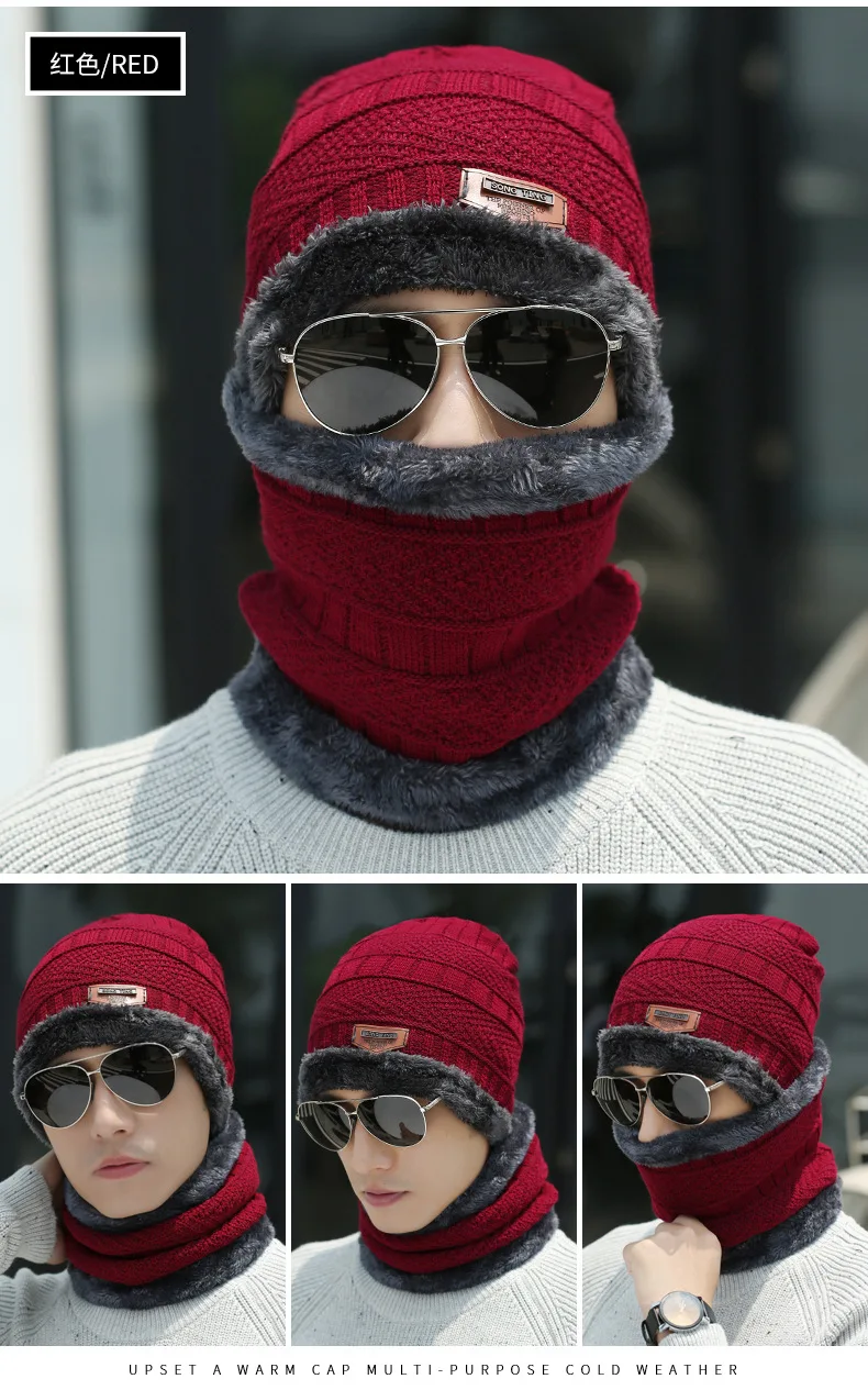 Wholesale fashion unisex fleece lining winter warm men knitting beanie hat and scarf set