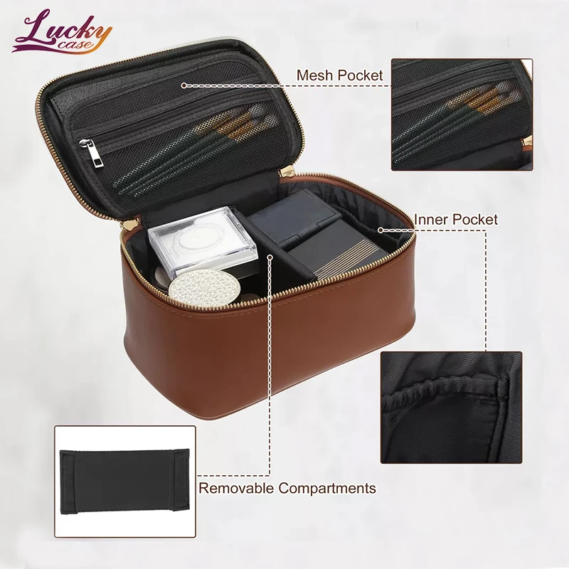 Brown PU Makeup Cosmetic Organizer Bag Large Stylish Travel Toiletry Case with Mirror Custom Beauty Makeup Bag