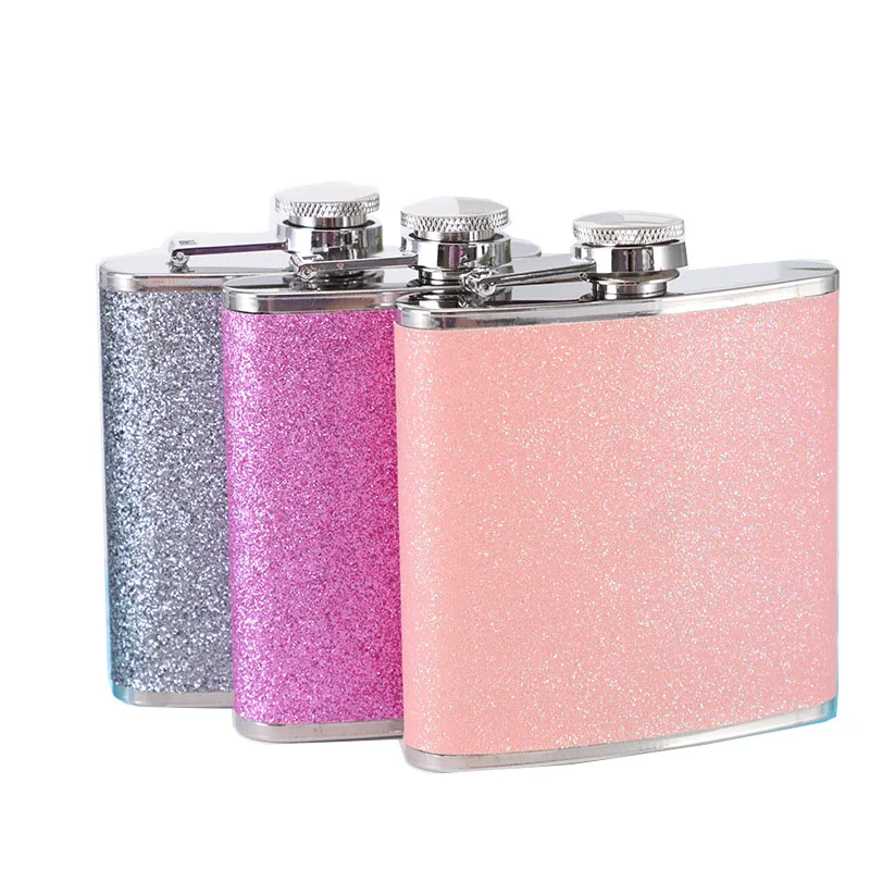 Women Pink Glitter Leather Wrapped Stainless Steel Wine Whisky Alcohol Brandy Vodka Hip Flasks