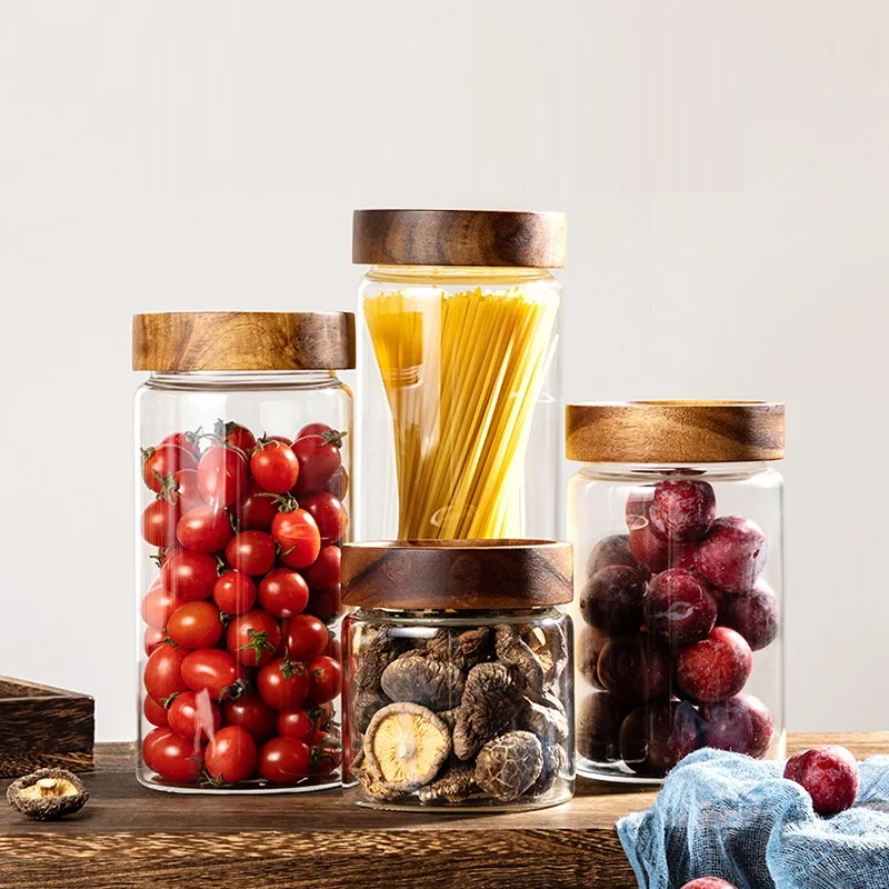 Onsin 100-800ml Glass Spice Jars Honey Container with Acacia Screw Wood Lids 1300ml 1000ml Glass Storage Bottle for Tea Coffee