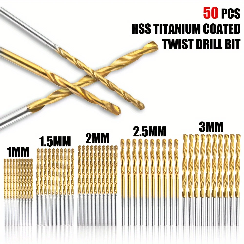 50pcs High Speed Steel Twist Drill Bit Set 1-3mm High Quality Straight Handle Twist Drill Bit Titanium Coated Drill Bit
