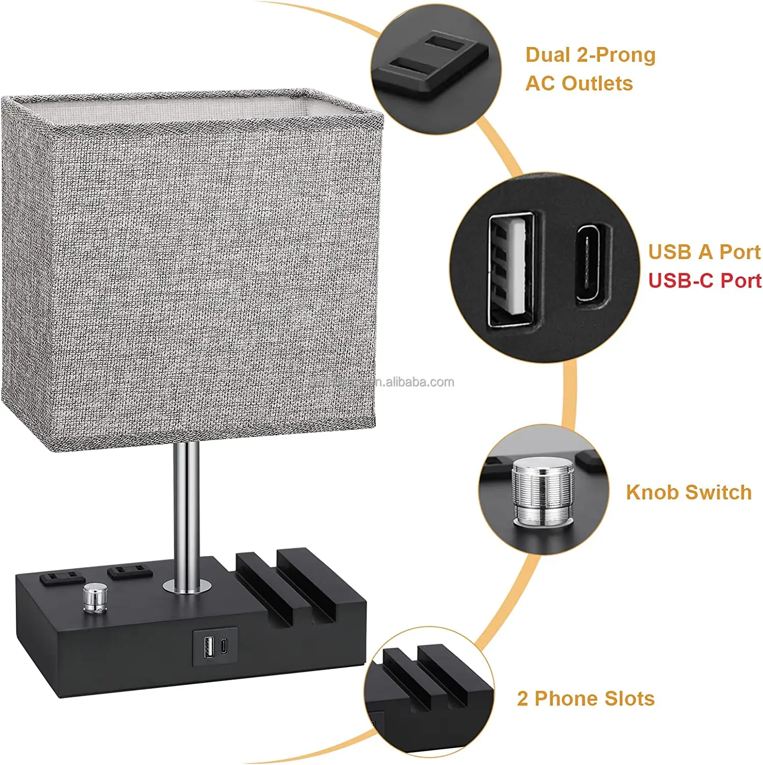 Bedroom fully adjustable table lamp with USB C port, small USB bedside lamp with 2 charging sockets and mobile phone stand, wood
