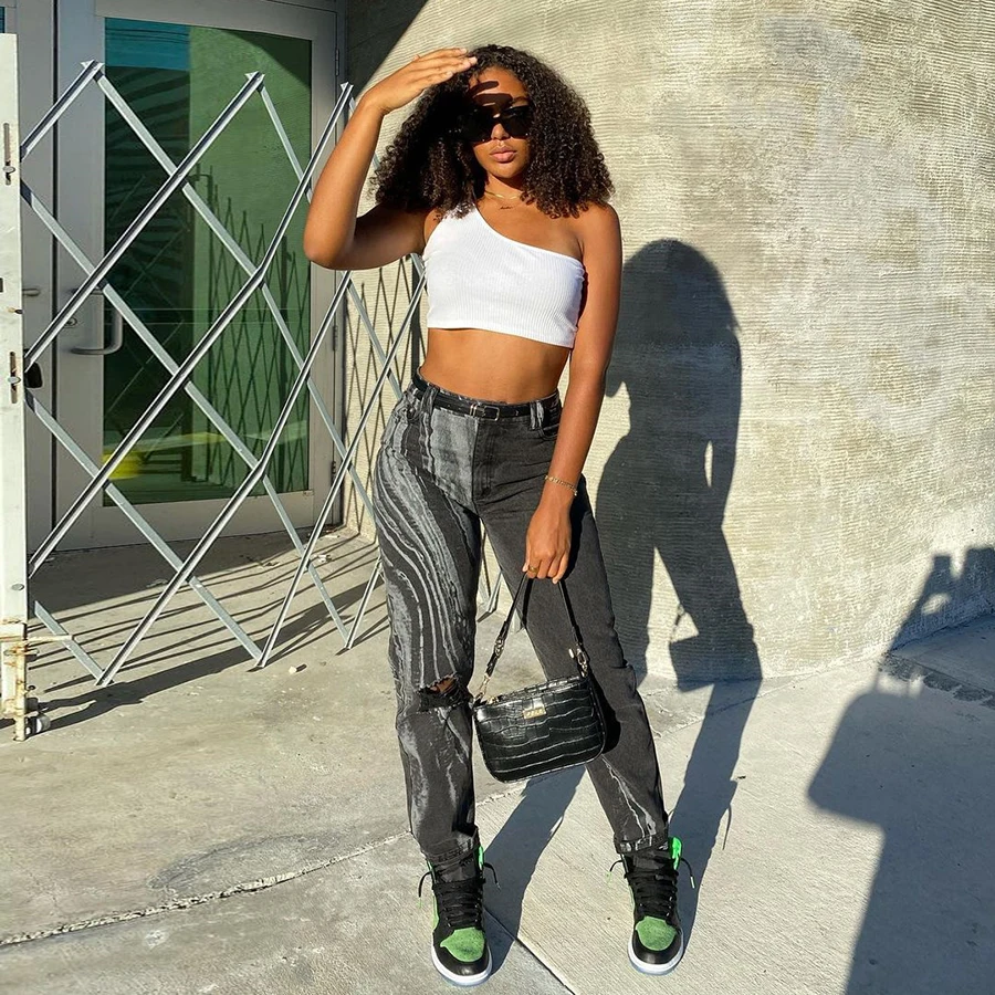 Nibber W21P00802 Newly Irregular Striped High Waist Casual Streetwear Cotton Slim Lady Denim Trousers Women Pants & Ripped Jeans