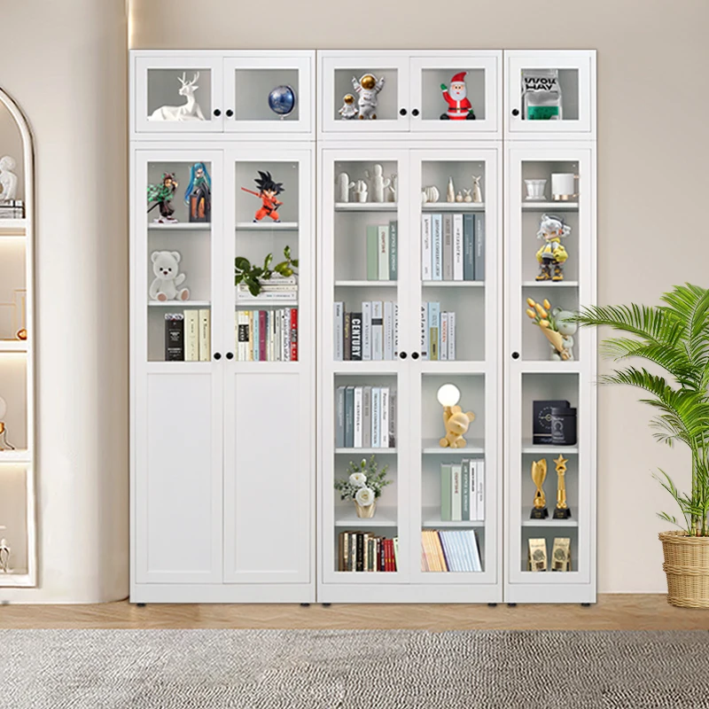 Modern White Vertical Metal Bookshelf Glass Door Bookcases for Home Furniture Book Storage Cabinet for Living Room