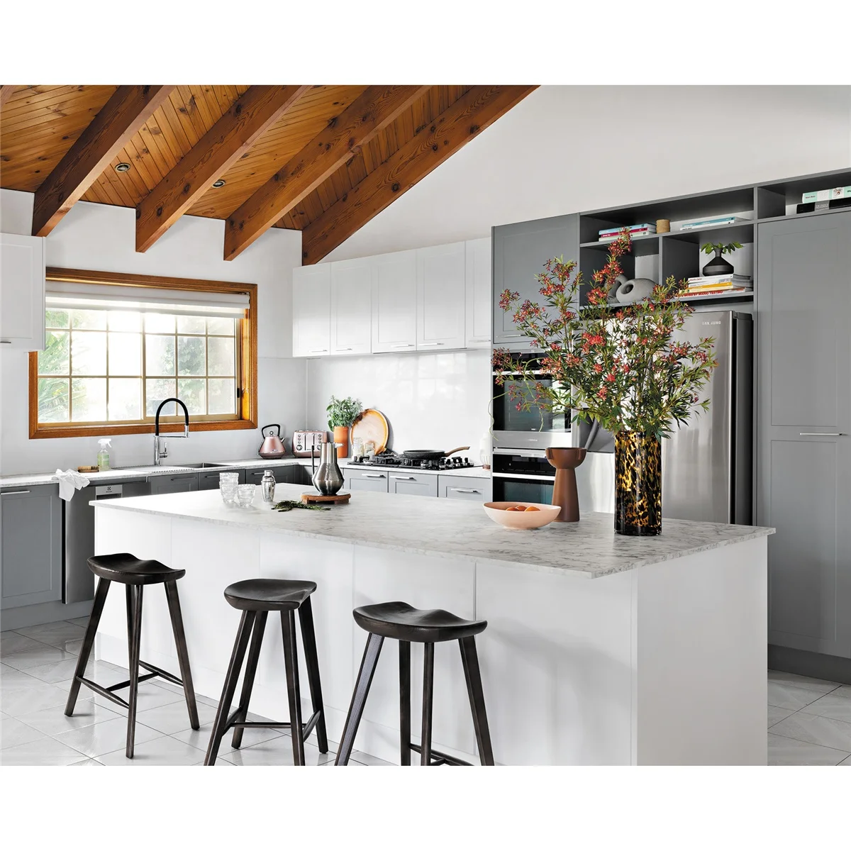 PA wholesale french modern L-shaped storage grey PVC shaker kitchen cabinet