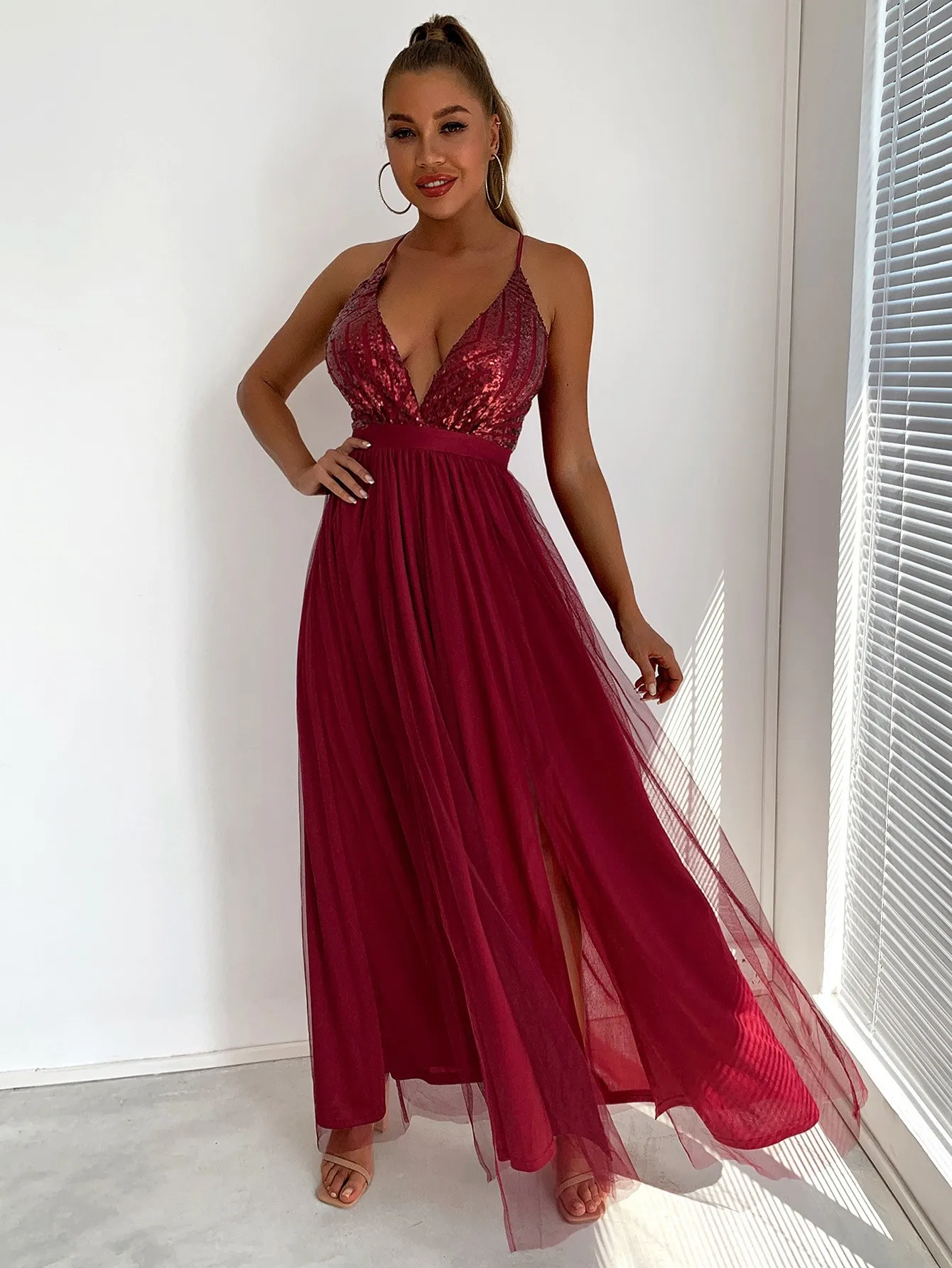 2022 New Product Sexy Modest Wedding Mother Of The Bride Dresses women Sexy Mesh Sequined Slit Slip Casual Dress For Wholesale